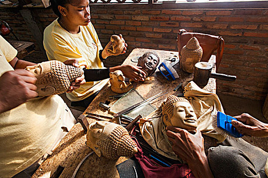 柬埔寨,收获,工匠,吴哥,工作间,雕刻,佛,头部