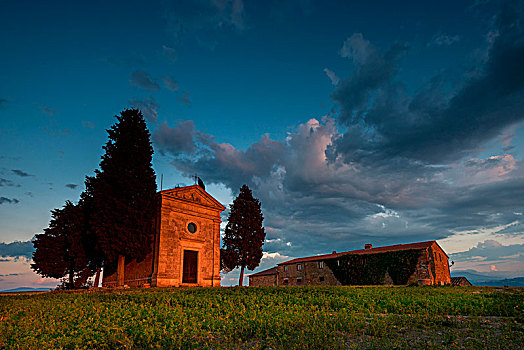 教堂,日落,山谷,锡耶纳,地区,托斯卡纳,意大利