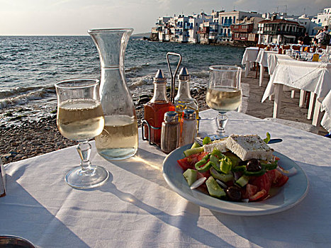 希腊沙拉,就餐,场景,希腊人,岛屿,米克诺斯岛,希腊