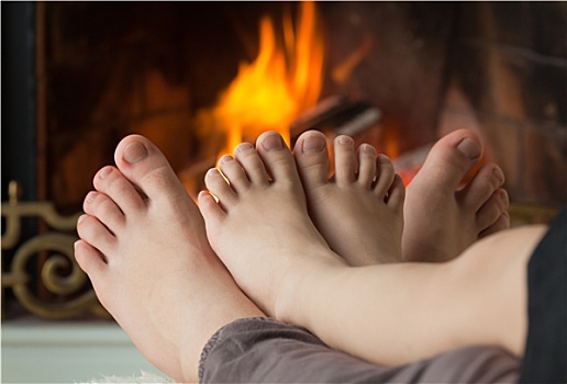 孩子,脚,热,明火,壁炉