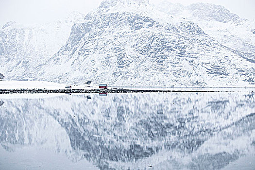 完美,反射,山,红房,罗浮敦群岛,挪威