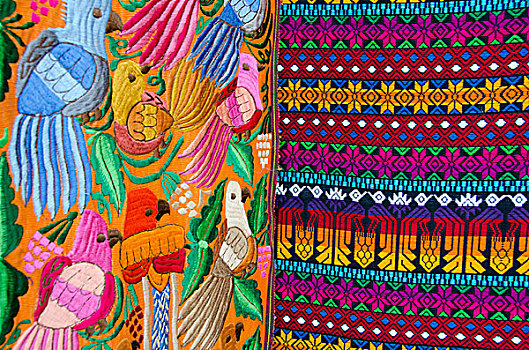 危地马拉,利文斯顿,彩色,传统,刺绣,纺织品,热带鸟,特色