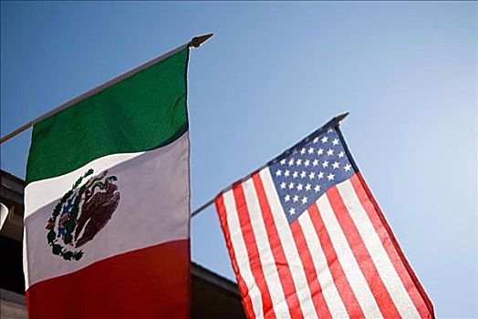 仰视,美国国旗,墨西哥国旗