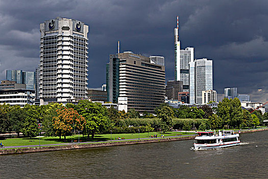 河,摩天大楼,金融区,法兰克福,黑森州,德国,欧洲