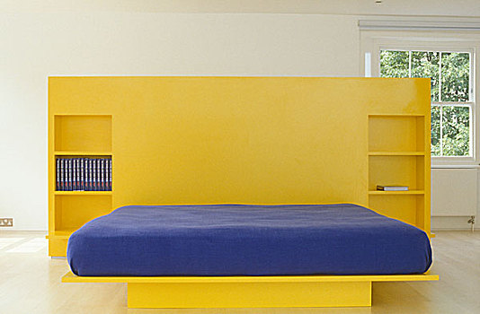 现代,蓝色,褥垫,床,黄色,床头板,架子