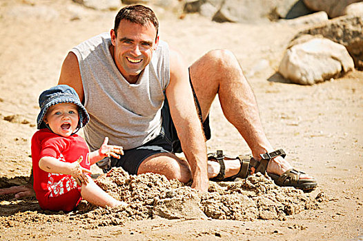 父亲,女儿,玩,沙子