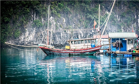 漂浮,渔船,下龙湾,越南