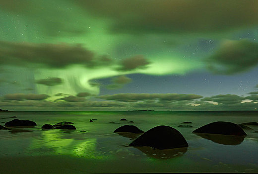 北极光,高处,海滩,罗弗敦群岛,挪威,欧洲