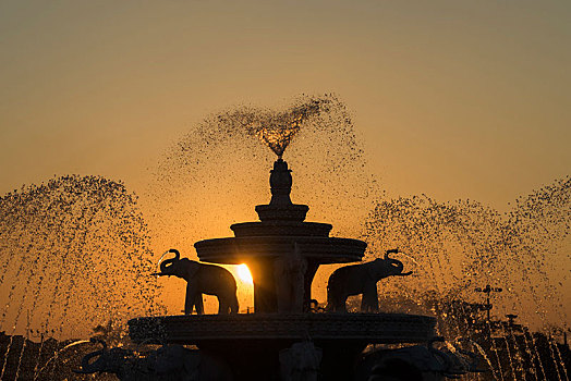 喷泉,逆光,夕阳,公园