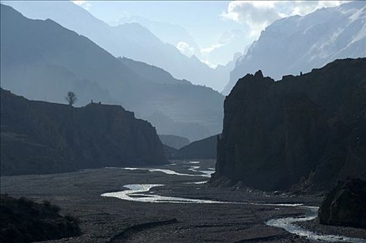 河,仰视,几个,模糊,山脉,靠近,安娜普纳地区,尼泊尔