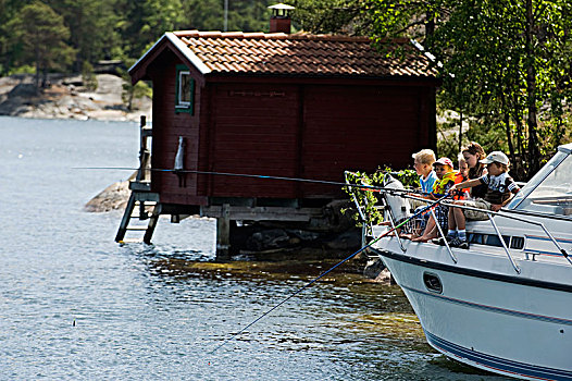 孩子,捕鱼,摩托艇,瑞典