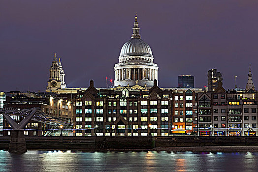 晚间,亮灯,圣保罗大教堂,伦敦,英国