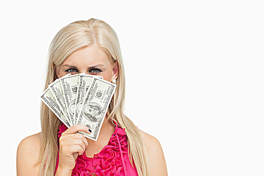 女人,隐藏,脸,100美元,货币,白色背景