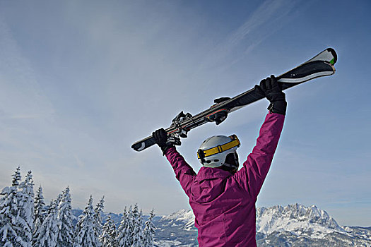 高兴,年轻,滑雪,女人,上面,冬天,开心