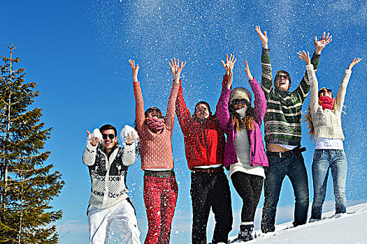 高兴,年轻人,群体,开心,享受,初雪,美女,冬天,白天
