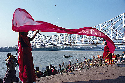 桥,河,女人,空气,干燥,纱丽,长,包裹,服装,加尔各答,印度