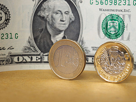 磅,1欧元,硬币,一美元,钞票,上方,金属,背景