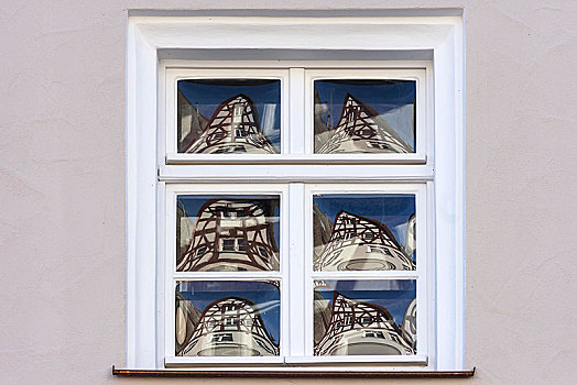 半木结构房屋,反射,玻璃窗,巴伐利亚,德国,欧洲