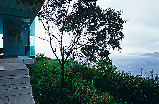 台阶,向上,入口,房子,俯瞰,日本海
