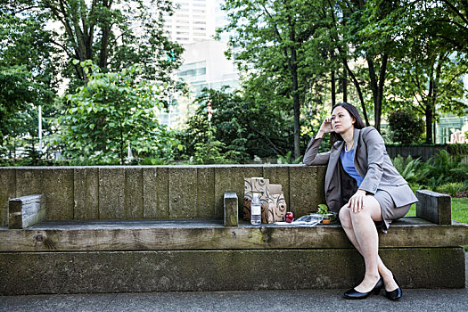职业女性,休息,城市公园,坐,长椅,午餐