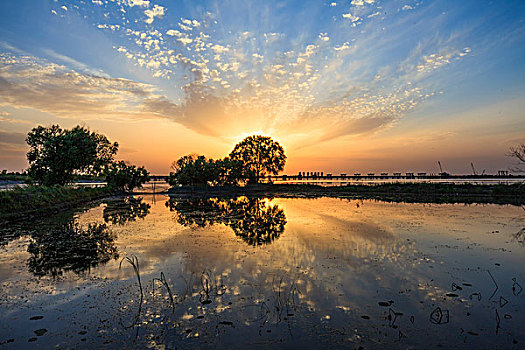 落日,夕阳,湖面,彩霞,倒影,美景,风光