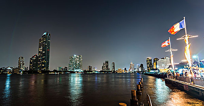 河,散步场所,晚上,摩天轮,天际线,曼谷,泰国,亚洲