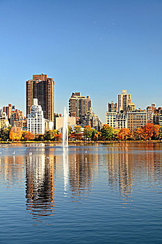 喷泉,摩天大楼,东方,中央公园,上方,湖,秋天,纽约