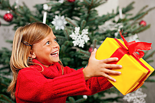 女孩,正面,圣诞树,展示,世界,礼物,收到