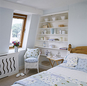 双人床,花,垫子,蓝色,乡村风格,卧室