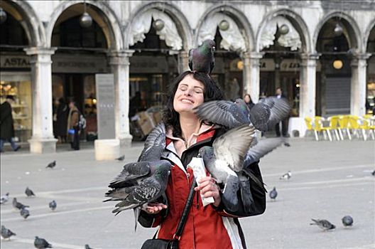 女人,进食,鸽子,圣马可广场,威尼斯,威尼托,意大利,欧洲