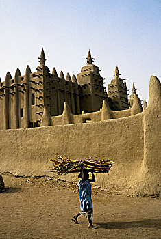 马里,清真寺,泥砖,建筑,苏丹人,风格,女人,火,木,前景
