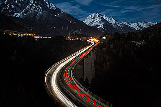 欧洲,桥,夜晚,后面,山,冰河,阿尔卑斯山,高速公路,提洛尔,奥地利
