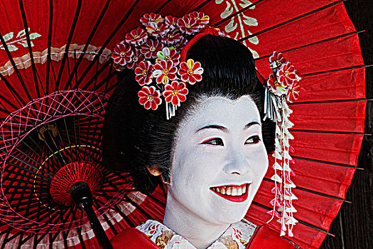 日本人,女人,传统服装,微笑,拿着,红色,伞