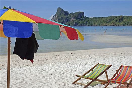 海滩,阴凉处,折叠躺椅,苏梅岛,泰国,亚洲