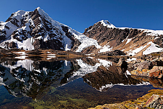 山,湖,反射,山脉,安第斯山,秘鲁,南美