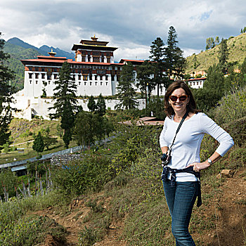 女人,姿势,宗派寺院,背景,不丹