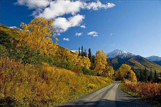 秋色,积雪,顶峰,溪流,道路,靠近,希望,楚加奇国家森林,肯奈半岛,阿拉斯加