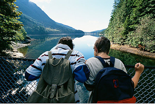 两个男孩,看,俯视,桥,湖,不列颠哥伦比亚省,加拿大