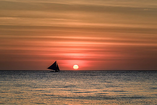 海平面,落日,帆船,剪影