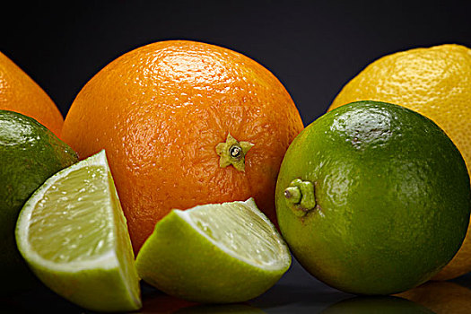 橘子,甜橙,柠檬,柠檬柑,暗色,玻璃,表面