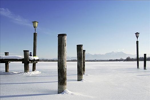 雪,栈桥,灯笼,湖,基姆湖,巴伐利亚,德国