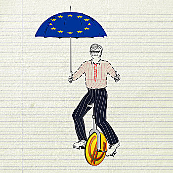 男人,骑,单轮车,1欧元,象征,拿着,伞,股票经纪,插画