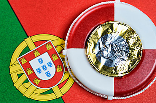 欧元硬币,褶皱,箔,葡萄牙,旗帜,象征,债务,危机
