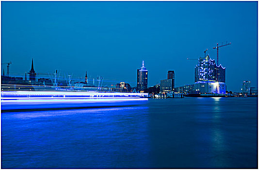 蓝色,港口,汉堡市,夜晚