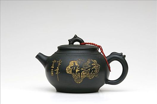 小,茶壶,粘土,黑色,金色,中国,象形文字