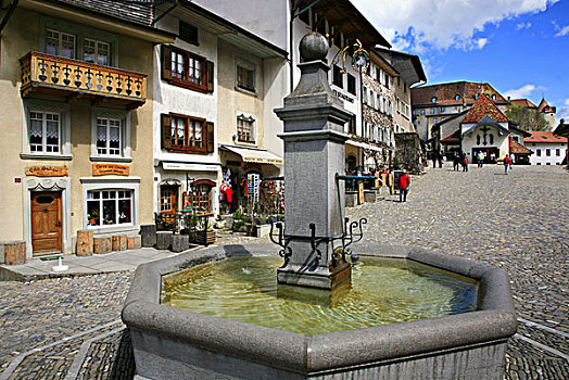 瑞士,城堡,城镇,广东,弗里堡,中央市场,喷泉,许多,餐馆
