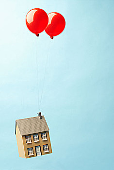 房子,漂浮,两个,气球