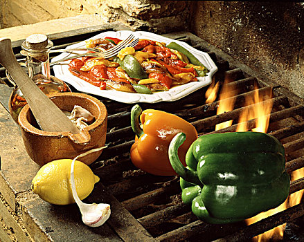 胡椒,烤制食品,木头,火
