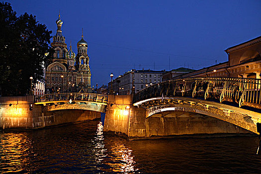 俄罗斯,圣彼得堡,教堂,小,稳定,桥,河,泛光灯照明