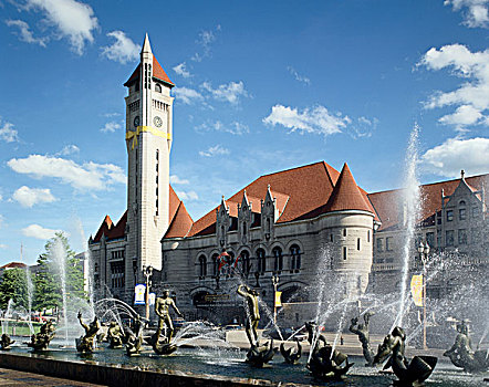 喷泉,正面,建筑,会面,水,联盟火车站,密苏里,美国